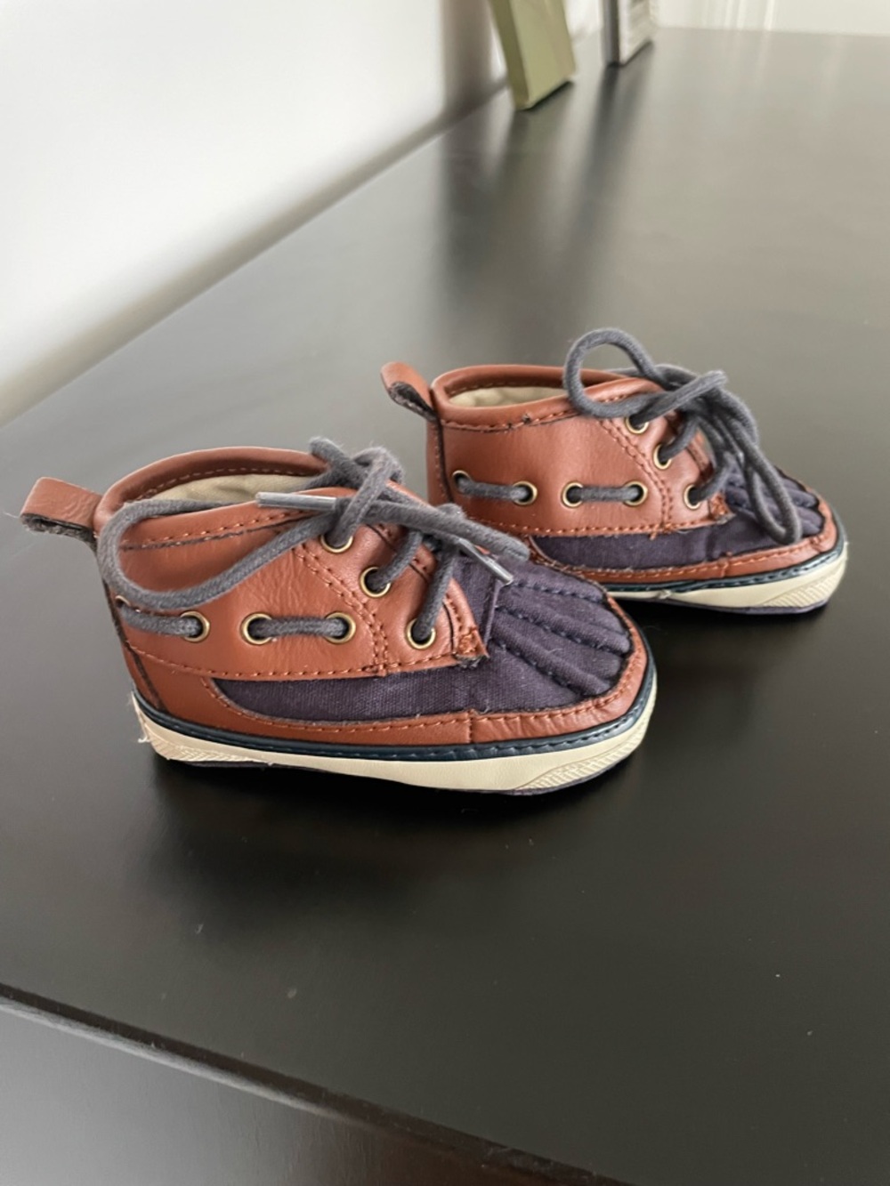 Polo Ralph Lauren Brown Leather and Navy Toddler Lace-Up Booties Shoes